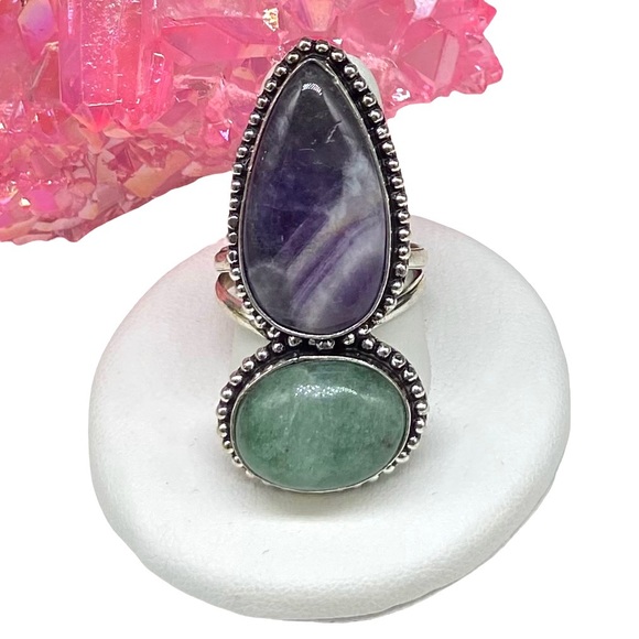 Jewelry - Chevron Amethyst & Green Aventurine Ring Size 10.5 Sterling Silver 925 Overlay